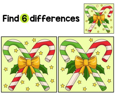 Find or spot the differences on this Christmas Candy Cane kids activity page. A funny and educational puzzle-matching game for children. clipart