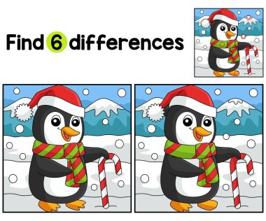 Find or spot the differences on this Christmas Santa Penguin kids activity page. A funny and educational puzzle-matching game for children. clipart