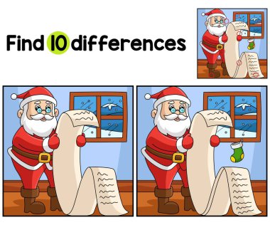 Find or spot the differences on this Christmas Santa Claus List kids activity page. A funny and educational puzzle-matching game for children. clipart