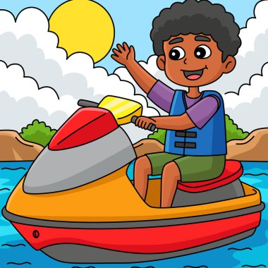 Bu karikatür, Jet Ski süren bir çocuğu gösteriyor..