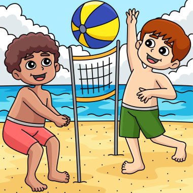 Bu karikatür, çocukların yaz voleybolu oynadığını gösteriyor..