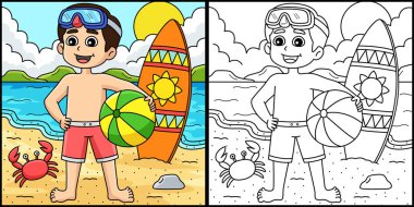 Bu boyama sayfası mayo giymiş bir çocuğu gösteriyor. Bu illüstrasyonun bir tarafı renkli ve çocuklar için bir ilham kaynağı..