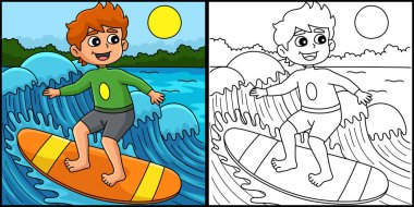Bu boyama sayfası yazın sörf yapan bir çocuğu gösteriyor. Bu illüstrasyonun bir tarafı renkli ve çocuklar için bir ilham kaynağı..
