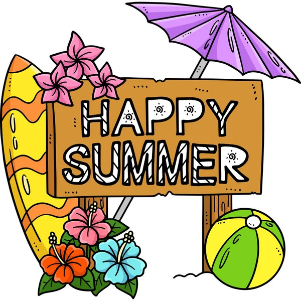 Tento Kreslený Kliparty Ukazuje Happy Summer Umbrella Surfboard Ilustrace — Stockový vektor