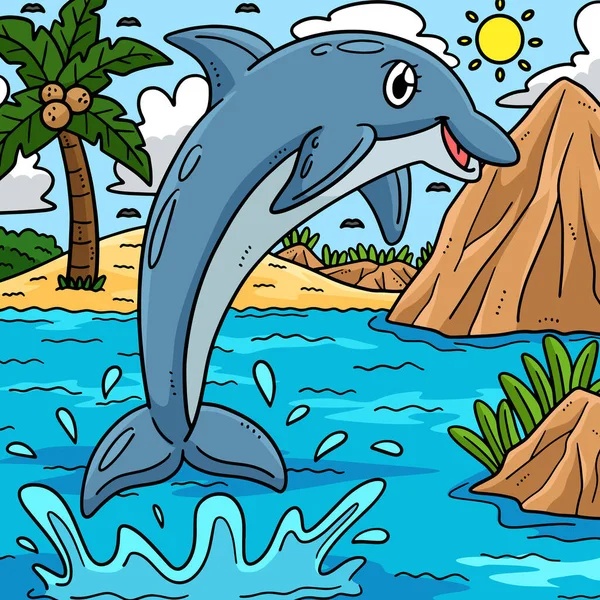 Este Clipart Dos Desenhos Animados Mostra Uma Ilustração Summer Dolphin — Vetor de Stock
