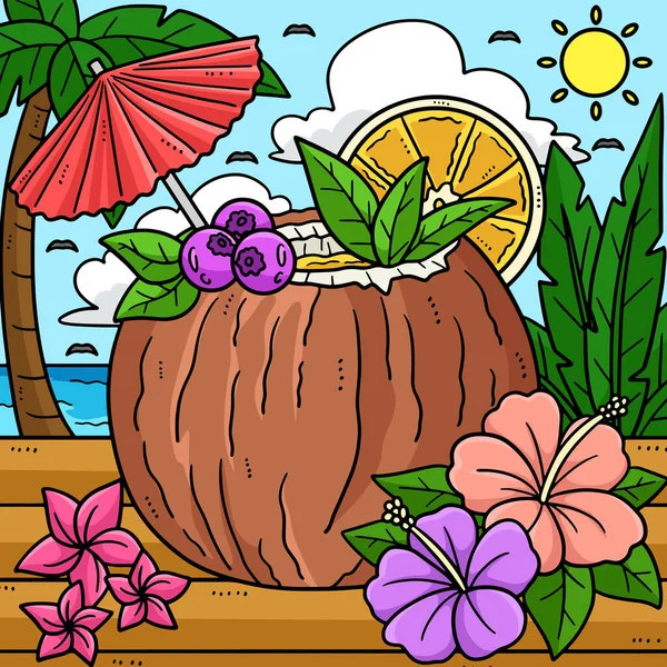 Dieser Cartoon Clip Zeigt Eine Illustration Des Sommer Kokos Cocktails — Stockvektor