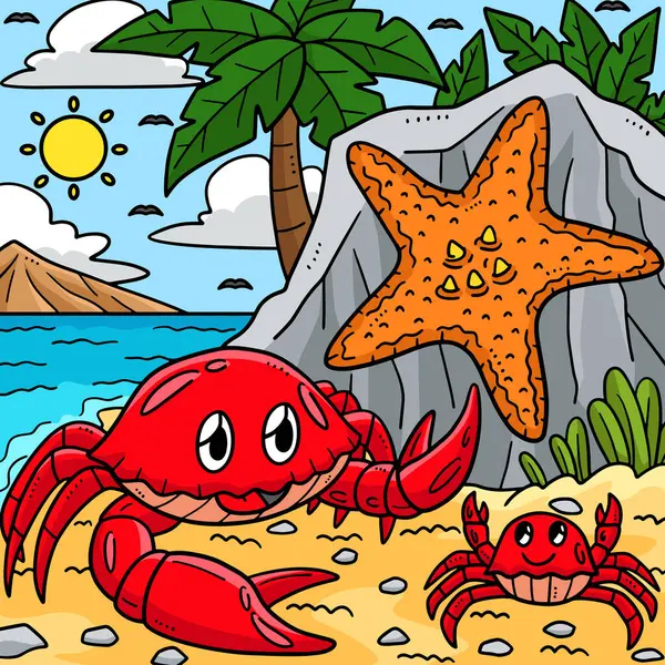 Este Clipart Desenhos Animados Mostra Verão Caranguejos Starfish Ilustração Shore — Vetor de Stock