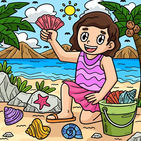 Este Clipart Desenhos Animados Mostra Uma Criança Verão Coletando Conchas — Vetor de Stock