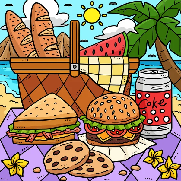 Karikatür Shore Illustrasyon Yaz Pikniği Yemeğini Gösteriyor — Stok Vektör