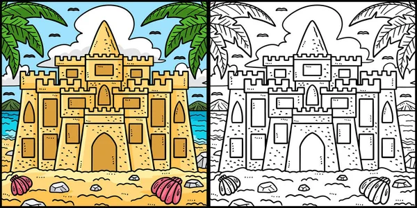 Esta Página Para Colorir Mostra Summer Sandcastle Lado Desta Ilustração — Vetor de Stock