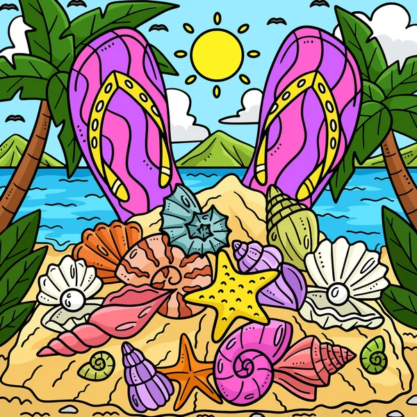 Questa Clipart Cartone Animato Mostra Estate Pantofole Seashells Illustrazione — Vettoriale Stock