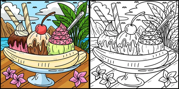 Coloring Page Shows Summer Banana Split One Side Illustration Colored — Stock Vector