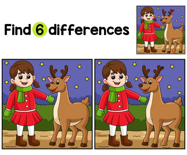Noel Kızı Ren Geyiği Çocukları Aktivite Sayfasındaki Farklılıkları Bul Bul — Stok Vektör
