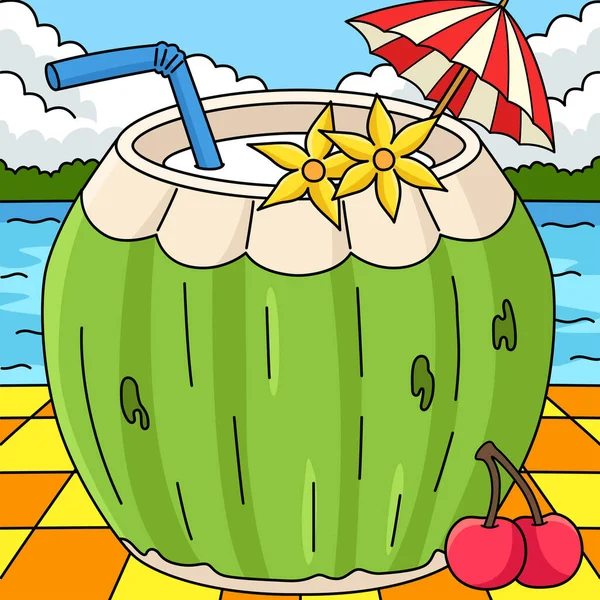 Este Clipart Desenhos Animados Mostra Uma Ilustração Verão Bebida Coco — Vetor de Stock
