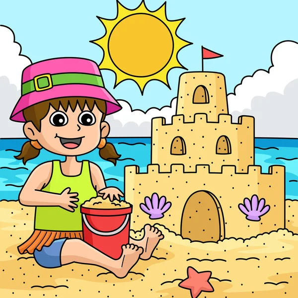 Cartoon Clipart Shows Girl Building Sandcastle Summer Illustration — Stock Vector