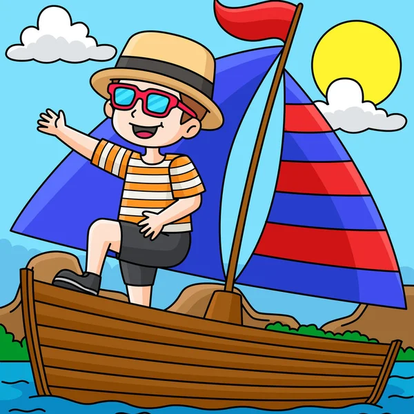 Este Clipart Desenho Animado Mostra Menino Barco Ilustração Verão — Vetor de Stock