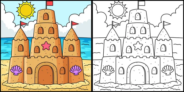 Coloring Page Shows Sandcastle Summer One Side Illustration Colored Serves — Stock Vector