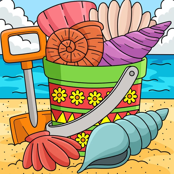 Tento Kreslený Kliparty Ukazuje Kbelík Seashells Letní Ilustrace — Stockový vektor