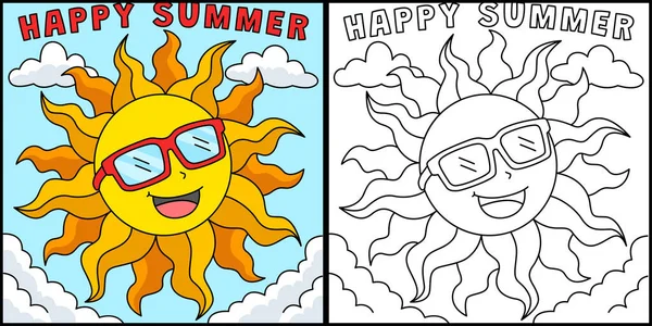 Tato Stránka Zbarvení Ukazuje Slunce Šťastným Létem Jedna Strana Ilustrace — Stockový vektor
