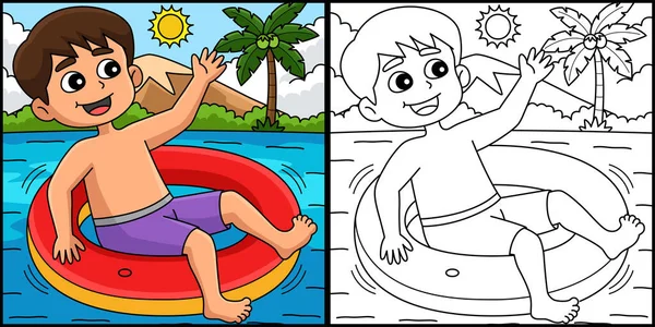 Esta Página Para Colorir Mostra Boy Lifebuoy Summer Lado Desta — Vetor de Stock