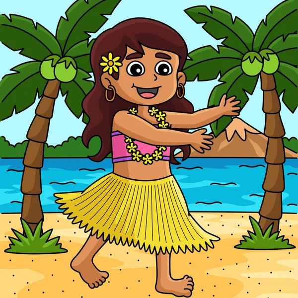 Tento Kreslený Kliparty Ukazuje Dívku Jak Dělá Hawaiian Dance Summer — Stockový vektor