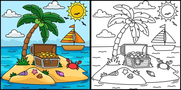Esta Página Para Colorir Mostra Island Summer Com Baú Tesouro — Vetor de Stock
