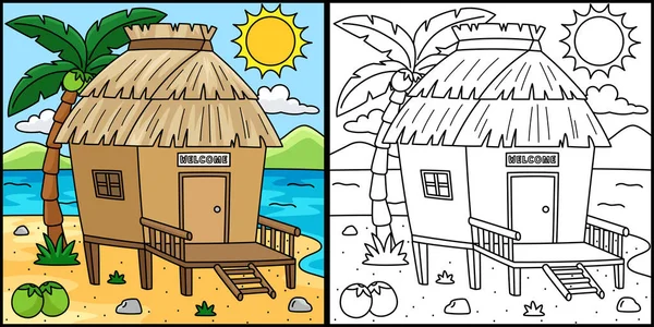 Questa Pagina Colorare Mostra Una Nipa Hut Summer Lato Questa — Vettoriale Stock