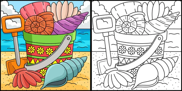 Coloring Page Shows Bucket Seashells Summer One Side Illustration Colored — Stock Vector