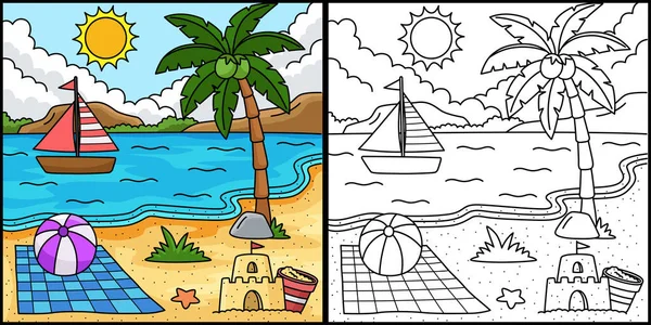 Esta Página Para Colorir Mostra Verão Praia Lado Desta Ilustração — Vetor de Stock