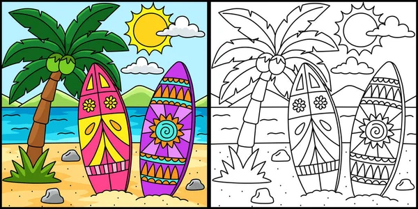 Esta Página Para Colorir Mostra Surfboard Summer Lado Desta Ilustração — Vetor de Stock