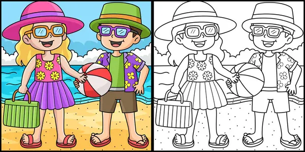 Tato Stránka Zbarvení Ukazuje Děti Letním Oblečení Jedna Strana Ilustrace — Stockový vektor