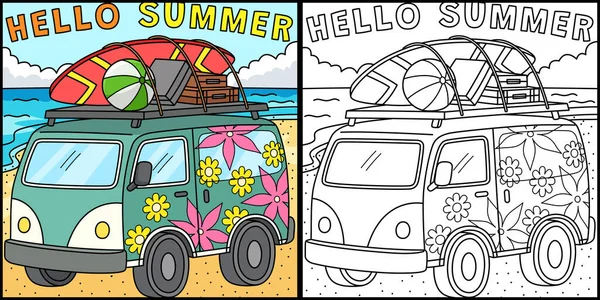 Coloring Page Shows Hello Summer One Side Illustration Colored Serves — Stock Vector