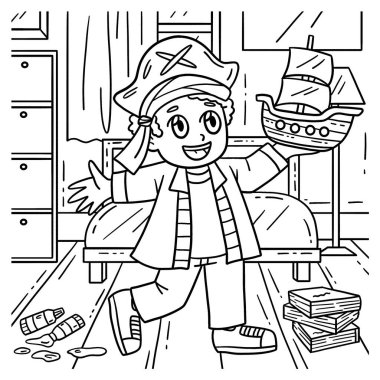 Korsan Şapkalı ve Modellik Gemisi olan bir çocuğun sevimli ve komik renkli sayfası. Çocuklar için saatlerce boyama eğlencesi sağlıyor. Renk, bu sayfa çok kolay. Küçük çocuklar ve yeni yürümeye başlayanlar için uygun..