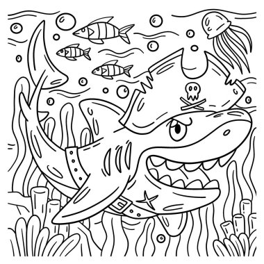 Bir korsan köpekbalığının sevimli ve komik renkli sayfası. Çocuklar için saatlerce boyama eğlencesi sağlıyor. Renk, bu sayfa çok kolay. Küçük çocuklar ve yeni yürümeye başlayanlar için uygun..