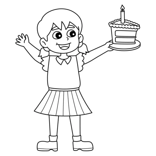 ハッピーバースデーケーキを持っている少女のキュートで面白い着色ページ 子供たちに楽しんでもらえるカラーリングを提供しています このページはとても簡単です 小さい子供および幼児のために適した — ストックベクタ