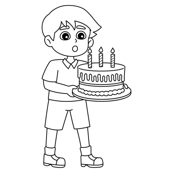 ハッピーバースデーケーキを吹く男の子のキュートで面白い着色ページ 子供たちに楽しんでもらえるカラーリングを提供しています このページはとても簡単です 小さい子供および幼児のために適した — ストックベクタ