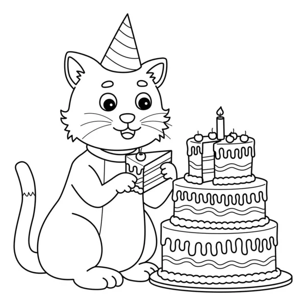 誕生日ケーキと猫のキュートで面白い着色ページ 子供たちに楽しんでもらえるカラーリングを提供しています このページはとても簡単です 小さい子供および幼児のために適した — ストックベクタ