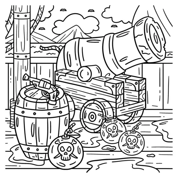 Pirate Cannon Barrels Şirin Komik Renkli Sayfası Çocuklar Için Saatlerce — Stok Vektör
