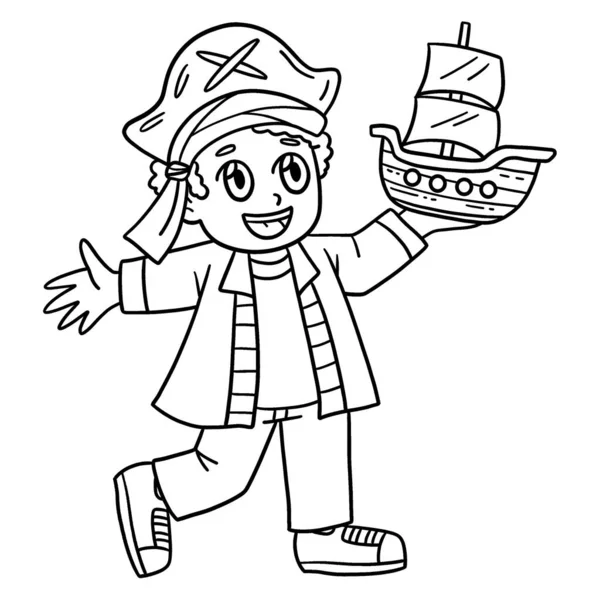 Милая Смешная Страница Раскраски Ребенка Пиратской Шляпой Моделью Корабля Обеспечивает — стоковый вектор