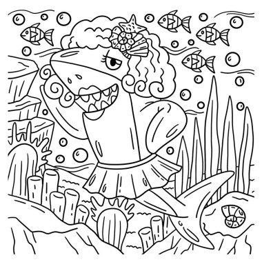 Peruk ve etek giyen bir köpekbalığının sevimli ve komik renkli sayfası. Çocuklar için saatlerce boyama eğlencesi sağlıyor. Renklendirmek için, bu sayfa çok kolaydır. Küçük çocuklar ve yeni yürümeye başlayanlar için uygun..