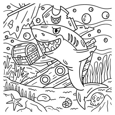 Hazine sandığı olan bir korsan köpekbalığının sevimli ve komik renkli sayfası. Çocuklar için saatlerce boyama eğlencesi sağlıyor. Renklendirmek için, bu sayfa çok kolaydır. Küçük çocuklar ve yeni yürümeye başlayanlar için uygun..