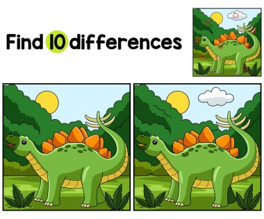 Stegosaurus Dinozor Çocuklar aktivite sayfasındaki farklılıkları bul ya da gözlemle. Çocuklar için eğlenceli ve eğitici bir bulmaca eşleştirme oyunudur..