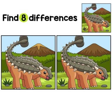 Ankylosaurus Dinozor Çocuklar aktivite sayfasındaki farklılıkları bul ya da gözlemle. Çocuklar için eğlenceli ve eğitici bir bulmaca eşleştirme oyunudur..
