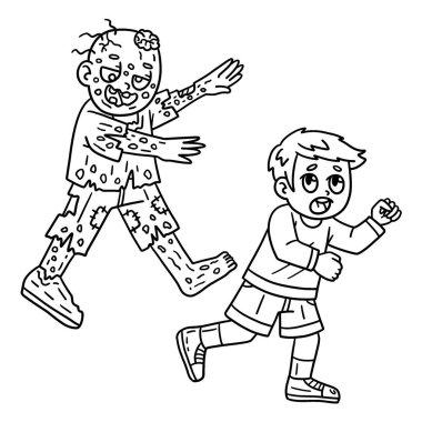 Bir çocuğun peşinden koşan bir zombinin şirin ve komik renkli sayfası. Çocuklar için saatlerce boyama eğlencesi sağlıyor. Renklendirmek için, bu sayfa çok kolaydır. Küçük çocuklar ve yeni yürümeye başlayanlar için uygun..