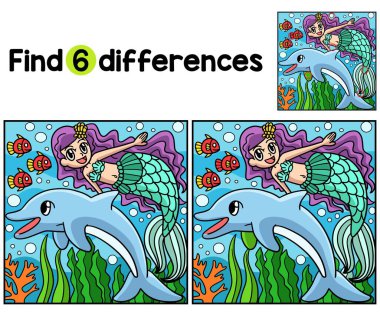 Yüzen Denizkızı ve Yunus Çocuklar aktivite sayfasındaki farklılıkları bul ya da bul. Çocuklar için eğlenceli ve eğitici bir bulmaca eşleştirme oyunudur..