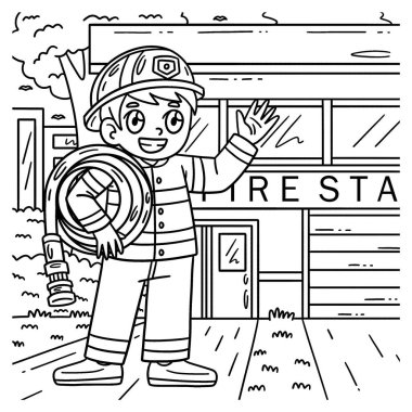 Su hortumu taşıyan bir itfaiyecinin sevimli ve komik renkli sayfası. Çocuklar için saatlerce boyama eğlencesi sağlıyor. Renklendirmek için, bu sayfa çok kolaydır. Küçük çocuklar ve yeni yürümeye başlayanlar için uygun..