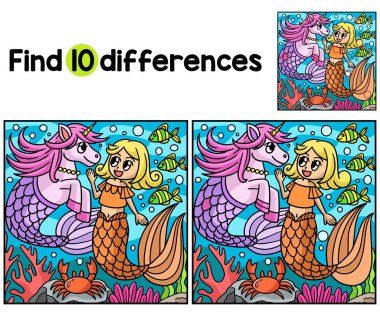 Denizkızı 'nın tek boynuzlu atlarla sohbet sayfasındaki farklılıkları bul ya da bul. Çocuklar için eğlenceli ve eğitici bir bulmaca eşleştirme oyunudur..