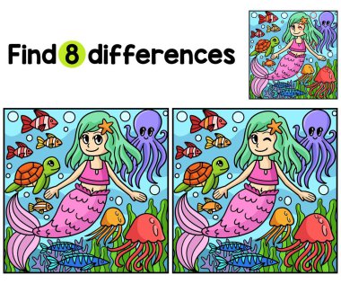 Denizkızı 'nın diğer Deniz Yaratıkları Çocuk aktivite sayfalarındaki farklılıkları bul ya da tespit et. Çocuklar için eğlenceli ve eğitici bir bulmaca eşleştirme oyunudur..