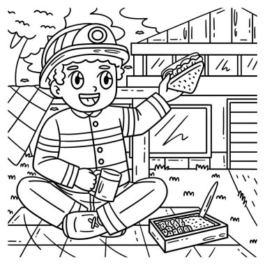 Yemek yiyen bir itfaiyecinin sevimli ve komik renkli sayfası. Çocuklar için saatlerce boyama eğlencesi sağlıyor. Renklendirmek için, bu sayfa çok kolaydır. Küçük çocuklar ve yeni yürümeye başlayanlar için uygun..