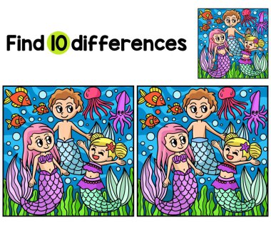 Denizkızı Aile Çocukları aktivite sayfasındaki farklılıkları bul ya da bul. Çocuklar için eğlenceli ve eğitici bir bulmaca eşleştirme oyunudur..